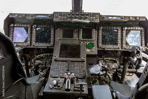 Airplane instruments inside a cockpit of a helicopter Bell Boeing V-22 Osprey