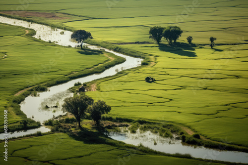 Pantanal with cotton and corn cultivation areas, landscape full of rivers and exotic fauna. Generative AI. photo