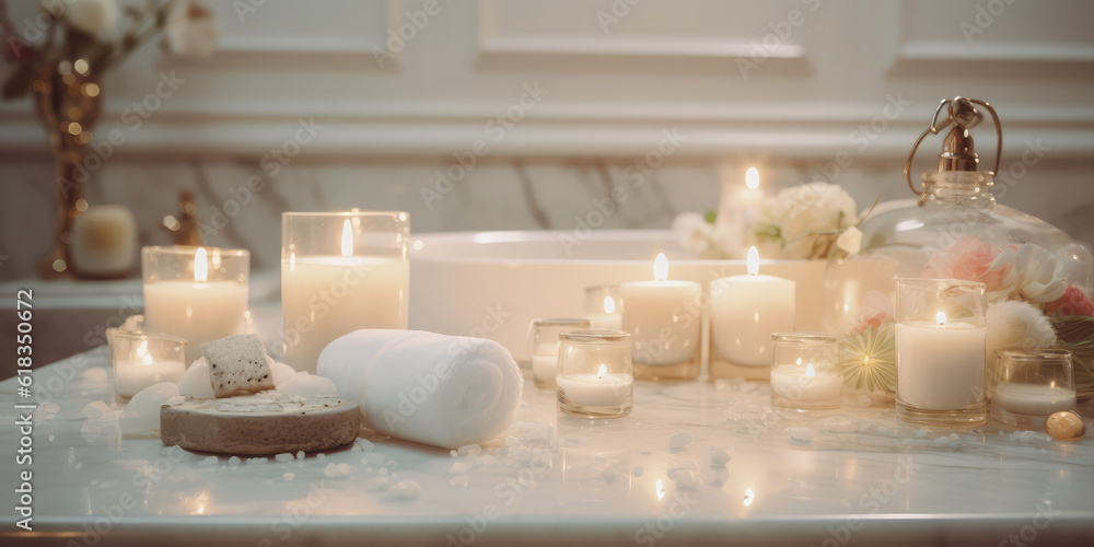 beautiful bathroom with candles and marble, generative AI