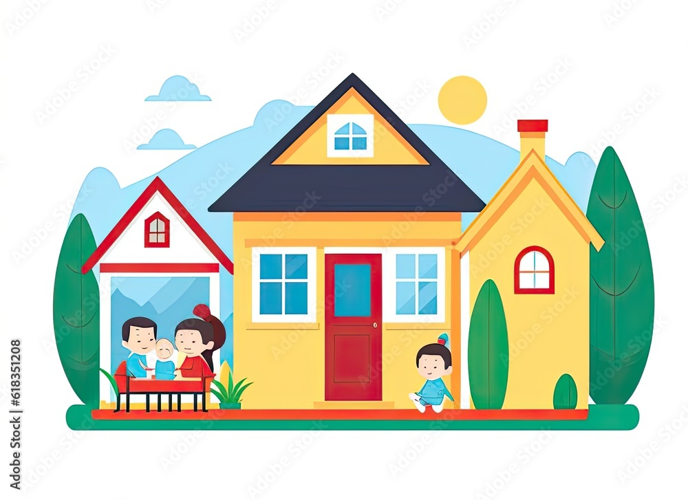 Small house and happy family. Generative Ai