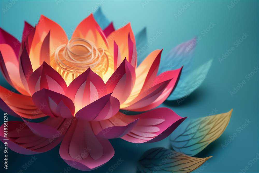 Pink lotus flower in papercraft style. Paper cut style illustration. Abstract floral background.
