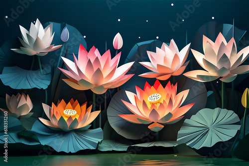 Beauty Lotus flower in papercraft style. Paper cut style illustration. Abstract floral background.