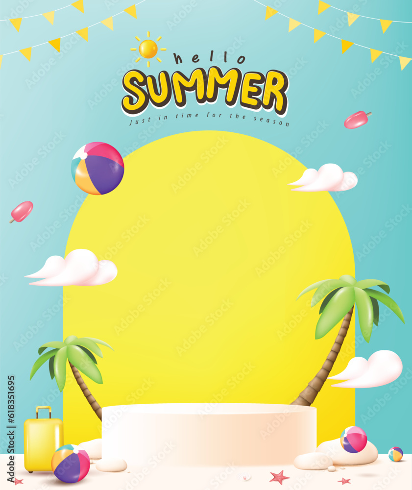 Summer travel poster banner display podium with sand and summer beach scene design