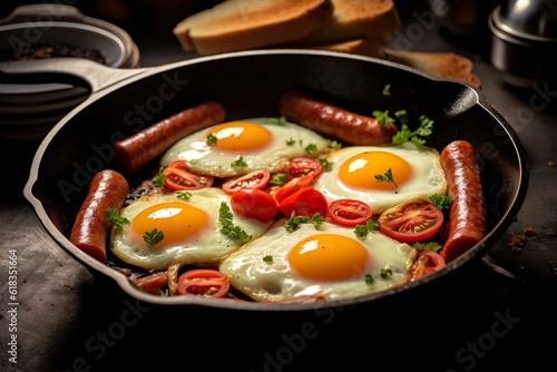 fried eggs with sausages
