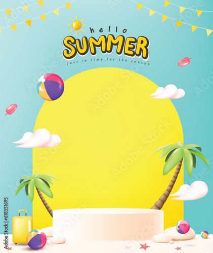 Summer travel poster banner display podium with sand and summer beach scene design