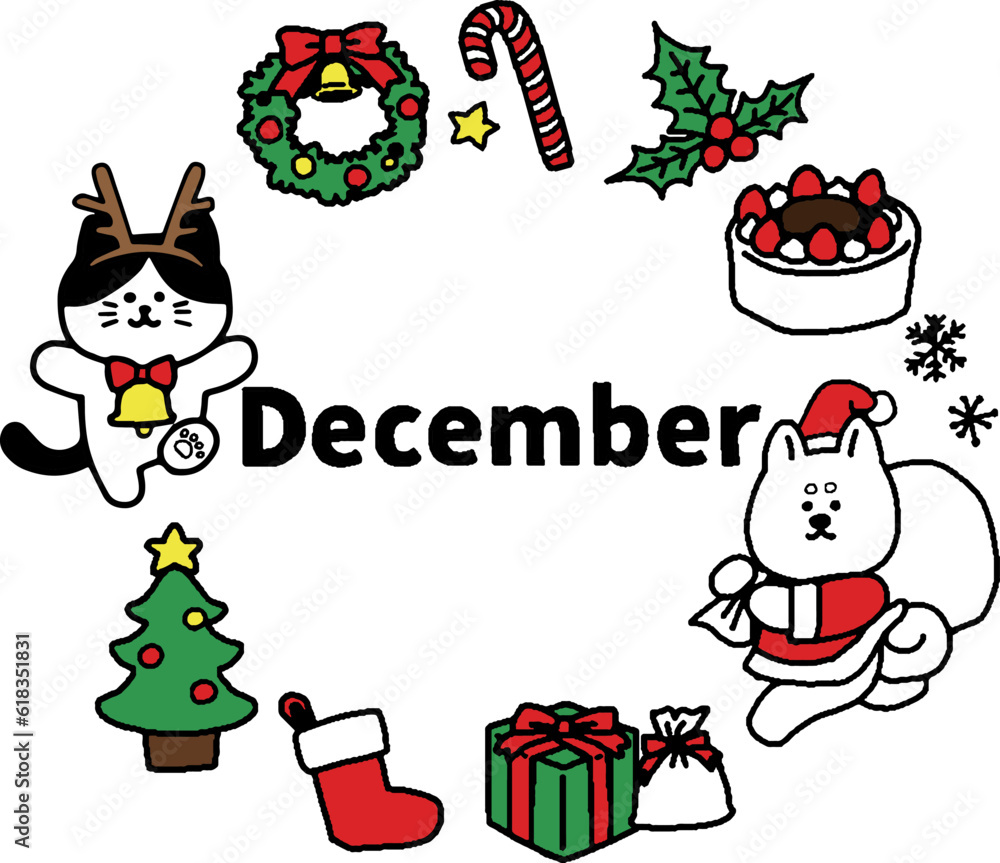 猫と犬の12月クリスマスイラスト（シンプル）