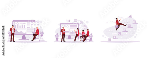 Businessman analyzing the chart and business growth. The manager gives a presentation. Businessman walking on blocks. Trend Modern vector flat illustration.