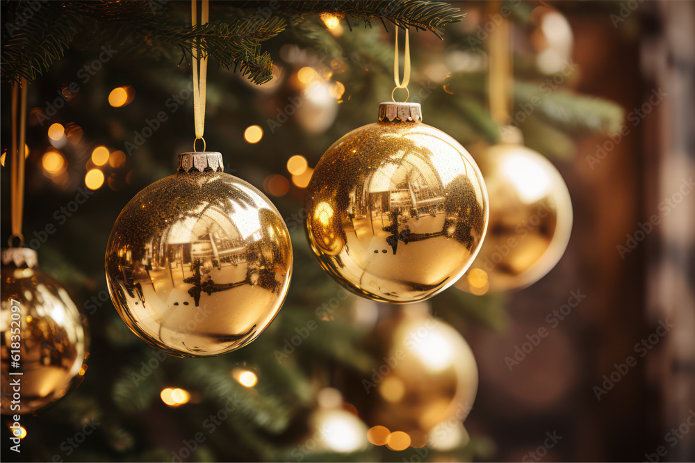 Shiny gold ornaments decorate glowing Christmas tree Shiny gold ornaments decorate glowing Christmas tree