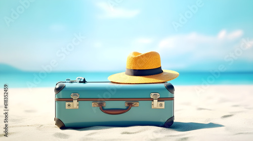 travel suitcase with hat on the white sand and beautiful beach created with Generative AI 