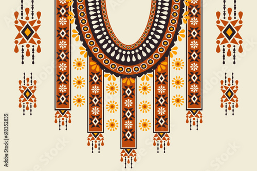 Vector ethnic tribal African geometric neckline colorful pattern. African tribal art shirts fashion. Ethnic neck embroidery ornaments. Traditional African clothing design. Ethnic neckline pattern.
