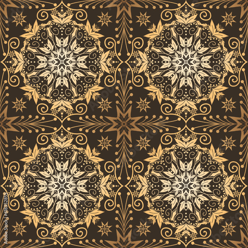 Elegant ethnic floral tile pattern. Vector ethnic floral geometric shape seamless pattern luxury gold color style. Embroidery ethnic floral tile pattern use for textile, home decoration elements, etc.