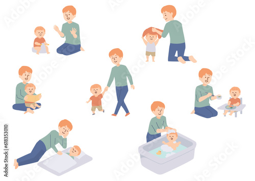 幼い子供の世話をする父親のイラスト