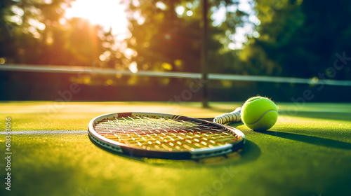 tennis racket and balls on green grass and shining light created with Generative AI 