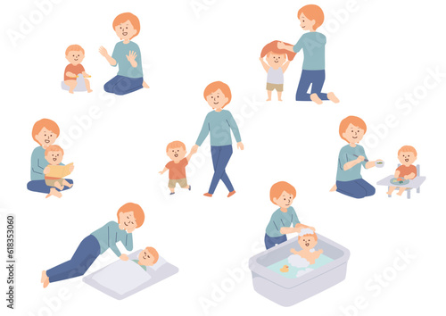 幼い子供の世話をする母親のイラスト