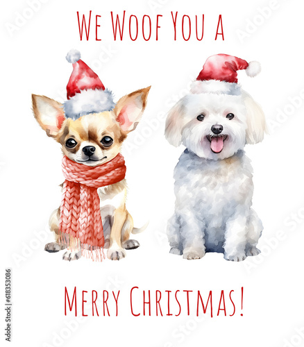 Watercolor Christmas small dog bichon and chihuahua. Xmas cute dog in Santa hat. Merry Christmas bichon chihuahua. AI generated. © Берилло Евгения