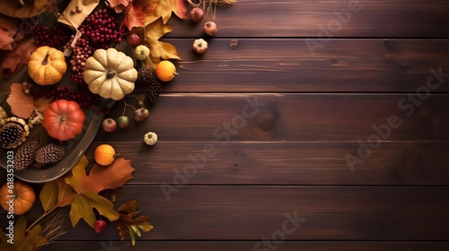 autumn still life with leaves on brown wood top view copy space created with Generative AI 