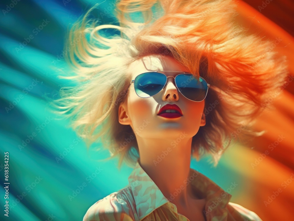 80s fashion hairstyle portrait of female woman with multi coloured intense background, generative ai 80s fashion hairstyle portrait of female woman with multi coloured intense background, generative ai