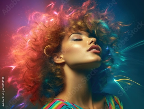 80s fashion hairstyle portrait of female woman with multi coloured intense background, generative ai