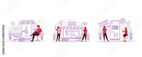 The youth sat back and opened the marketplace. Male salesperson doing promotion. Two women open an omni-channel business app. Trend Modern vector flat illustration.