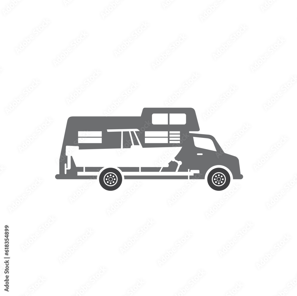 illustration of camper van and boat trailer.