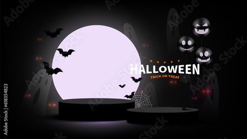 Halloween background Black podium for product display decor with Moon and elements for Halloween festival. Product stand. Dark background. Vector illustration.