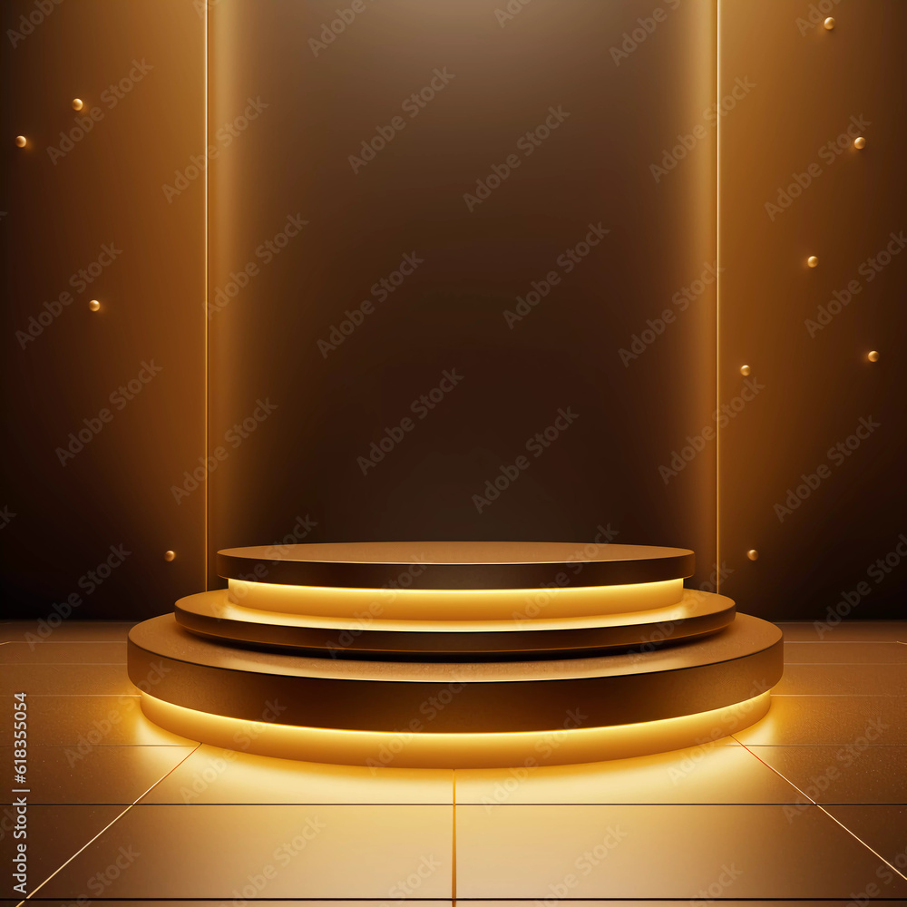 Fototapeta premium Abstract luxury background, Minimalistic gold architectural background and podium, modern design for poster, cover, branding, product showcase, AI generated.