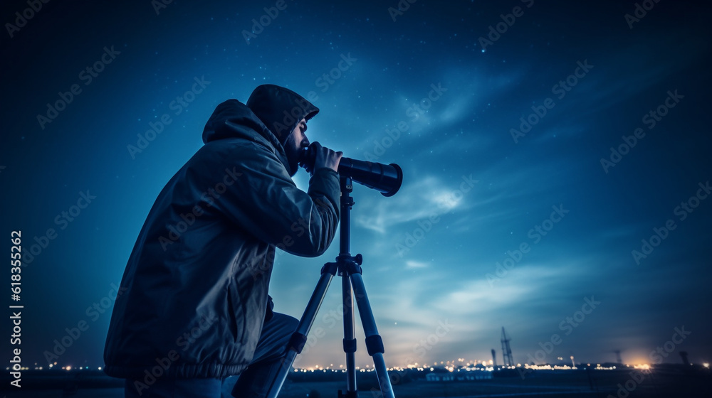 silhouette of a person holding a telescope, scanning the skies for unidentified flying objects,  AI-Generated