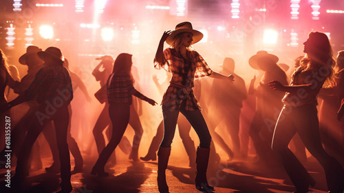 a person line dancing with a group of enthusiastic dancers in a country music festival,,  AI Generated