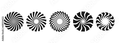 Black and white curl sunburst circles collection. Stylized radial spinning elements. Geometric round twisted rays, beams or stars pack. Vector illustration concept for banner, badge, sticker, poster