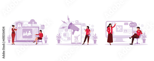 Two businesswomen are analyzing the database. Young girls shop online using smartphones. Employees were discussing technical customer service. Trend Modern vector flat illustration.