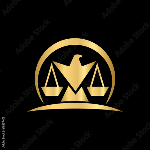 Law firm and lawyer service logo design. Golden eagle and balance scale combination logo concept.