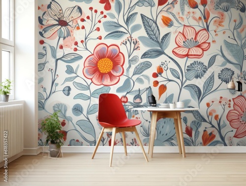 scandinavian hygge style interior design with large scale wallpaper , generative ai