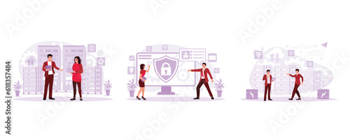 IT specialists and server technicians work in data centers. CEO and secretary analyzing data. Two IT specialists were working together in a data center. Trend Modern vector flat illustration.