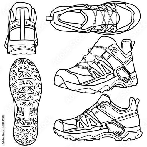 Template vector hiking shoes, suitable for your custom hiking shoes, outline vector doodle illustration,  front, back, bottom, side and top view, isolated with white background.