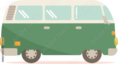 レトロな雰囲気のキャンプに行くのに最適な背景が透明なカーキ色のかわいいバンの大きい車のイラスト