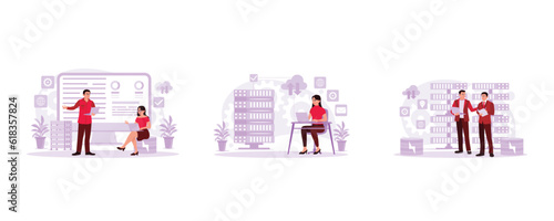 Engineer and project manager in the control system room. Female technician analyzing server. Business people are in a network server room. Trend Modern vector flat illustration.