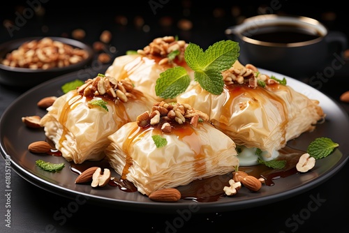 Baklava, Buttery filo pastry, chopped nuts, sweet syrup and honey dressing