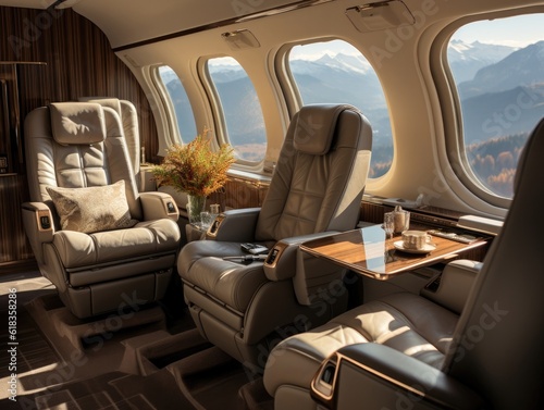 A business jet sitting with tables and other seating in the style of dark beige and grey, modern and luxury. Generative AI © itchaznong