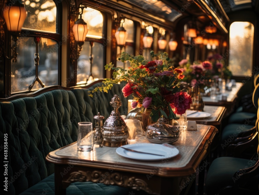 Train interior of the dining area in a romantic style with a dining table and dining set, natural light and light from a lamp. Generative AI Train interior of the dining area in a romantic style with a dining table and dining set, natural light and light from a lamp. Generative AI