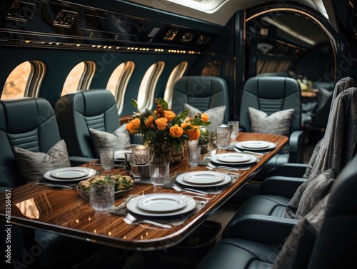 An open living space inside an airplane in the style of modern with dark grey leather seats  a table  and a dining set. Generative AI