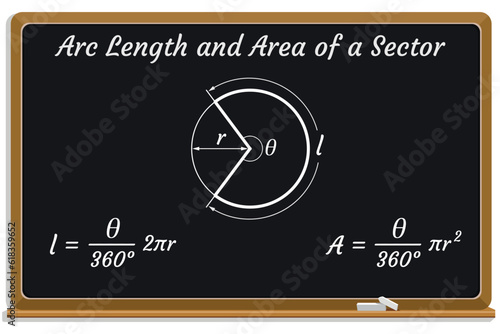 Arc Length of a Sector and Area  Formula on a black chalkboard. School. Math. Vector illustration. 
