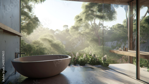 A sunlit bathroom with a forest view, complementing the tranquil ambiance, where a bathtub invites relaxation in nature's serenity. Photorealistic illustration, Generative AI