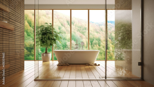 A bathroom with a freestanding bathtub sitting on a wooden floor  offering a serene and luxurious bathing experience. Photorealistic illustration  Generative AI