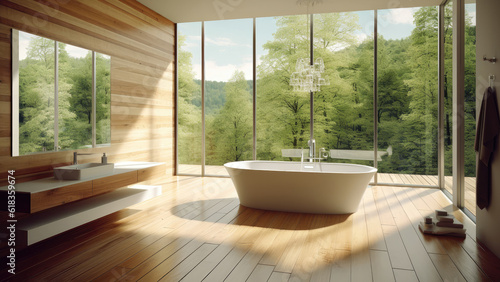 A sunlit bathroom with the wood interior and a free-standing bathtub together, creating a natural and relaxing oasis bathed in sunlight. Photorealistic illustration, Generative AI © DIMENSIONS