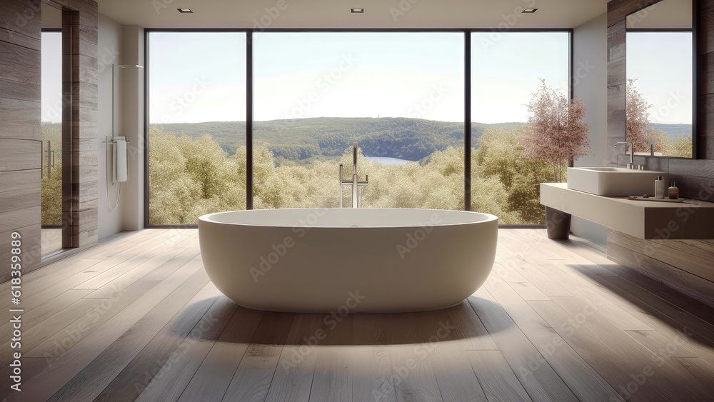 Fototapeta premium A bathroom with a center-placed bathtub, surrounded by a wood interior, offering a calming atmosphere complemented by the view of the mountains. Photorealistic illustration, Generative AI
