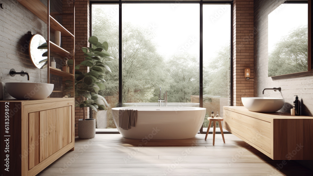A cozy home bathroom with its brick walls and wood built-ins, creating a comforting space for unwinding and rejuvenating. Photorealistic illustration, Generative AI