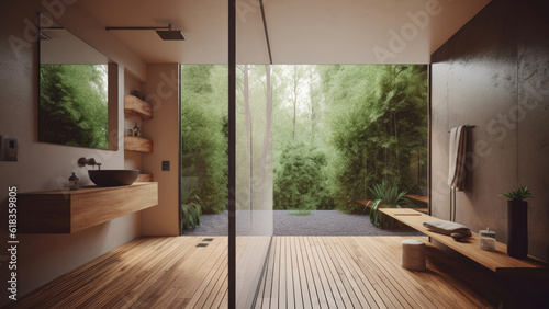 A bathroom offering a serene garden view  complemented by an inviting ambiance with its wood floor and wood built-ins. Photorealistic illustration  Generative AI
