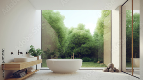 A minimalistic bathroom boasting a clean white interior and a stunning backyard view  creating a serene and stylish atmosphere. Photorealistic illustration  Generative AI