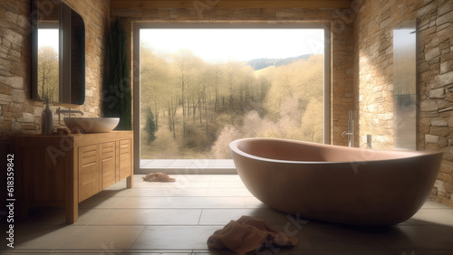 A cozy bathroom with the stone walls complementing the wood furniture, creating a rustic and inviting ambiance. Photorealistic illustration, Generative AI © DIMENSIONS
