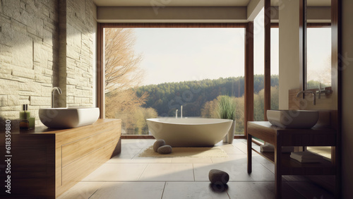 A relaxing bathroom offering a tranquil experience with a bathtub placed by the window, allowing you to enjoy the mountain view. Photorealistic illustration, Generative AI © DIMENSIONS